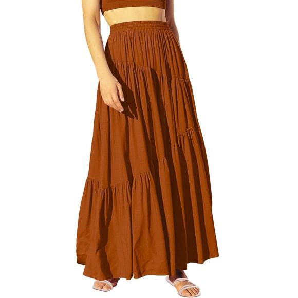 Anrabess Burnt Orange Boho A-Line Flowy Asymmetric Tiered Maxi Skirt L - Picture 1 of 11